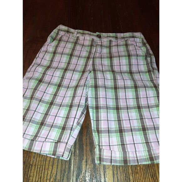 Girls Size 16 J Khaki Bermuda Long Shorts Pink Brown Green Plaid with Pockets - Picture 1 of 3
